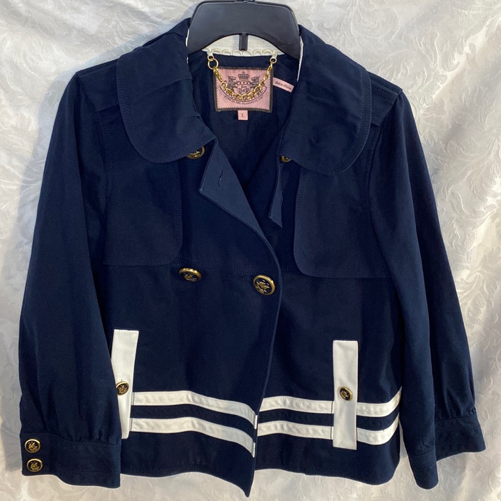 Juicy couture large navy captain jacket L peacoat white stripe gold button